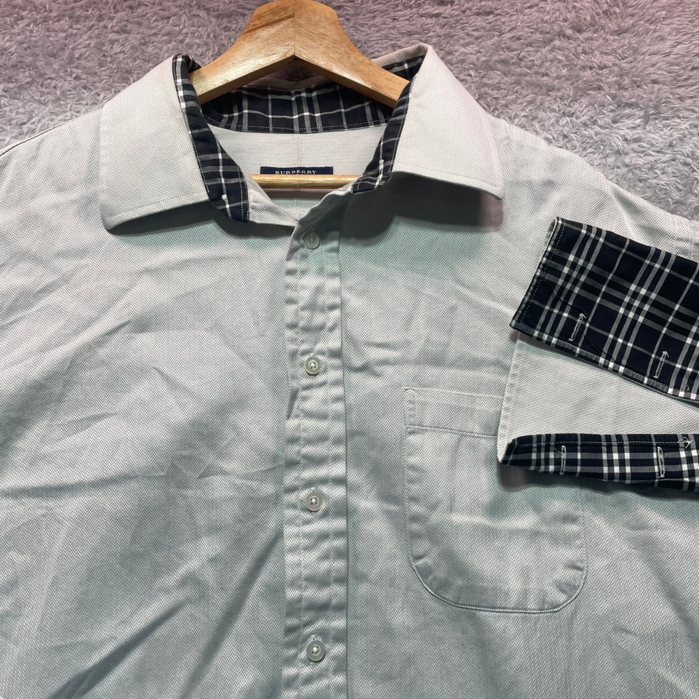 Burberry London Mens Herringbone Button Down Shirt Grey Nova Check Trim 17.5 L